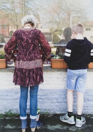 Oma en kleinzoon tuinieren Een oma en haar kleinzoon vullen samen bloembakken met bloemen.